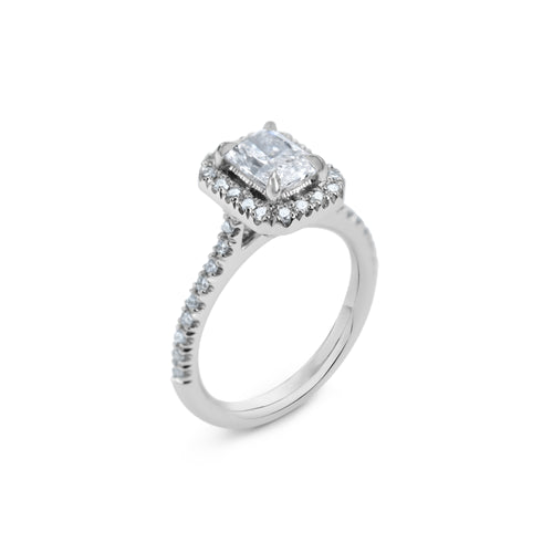 Rectagular Radiant Cut Diamond Halo Engagement Ring in Platinum