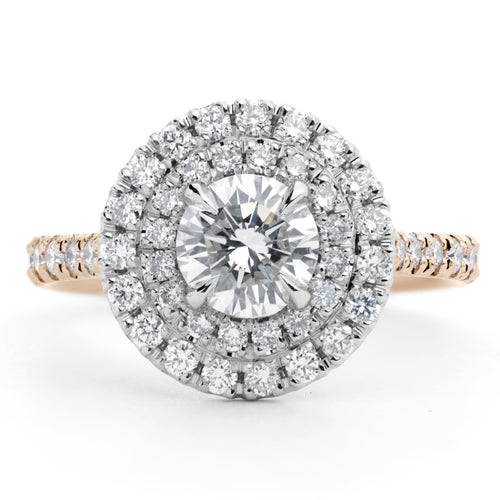 Double Halo Round Brilliant Cut Diamond Engagement Ring in Rose Gold