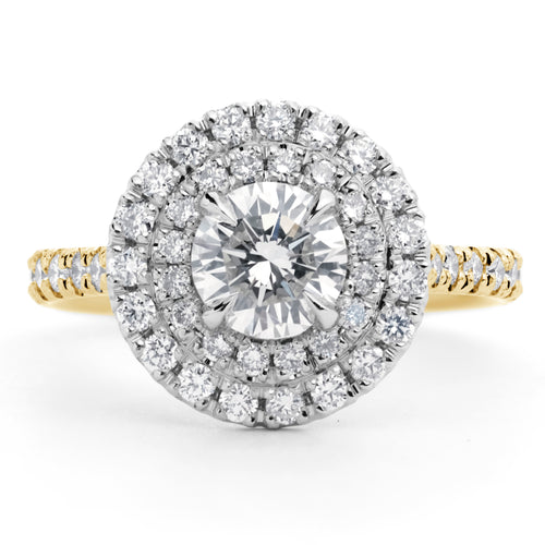 Double Halo Round Brilliant Cut Diamond Engagement Ring in Yellow Gold