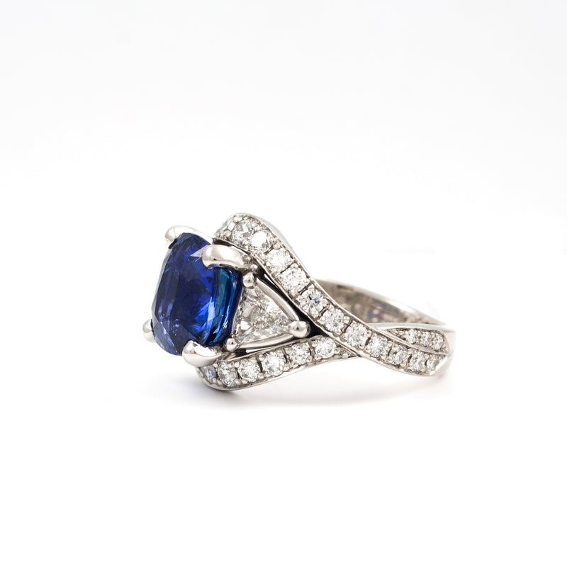 Twist Blue Sapphire Cushion Cut with Trillions Engagement Ring