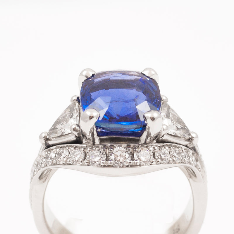 Twist Blue Sapphire Cushion Cut with Trillions Engagement Ring