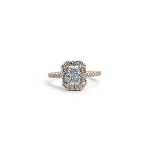 Rectagular Radiant Cut Diamond Halo Engagement Ring in Rose Gold