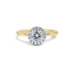 Petite Halo Round Brilliant Cut Diamond Engagement Ring in Yellow Gold