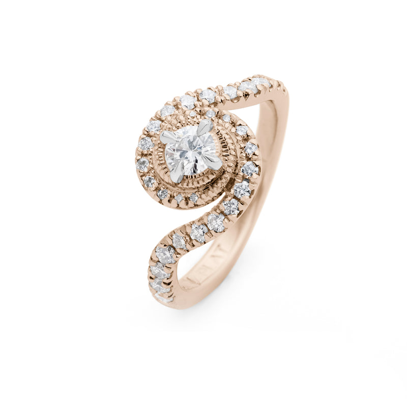 Diamond Halo Engagement Ring with a Twist in Rose Gold